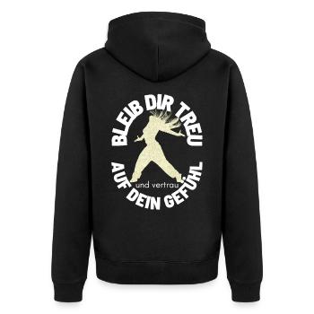 BLEIB DIR TREU Sprücheshirts Motivationssprüche - Unisex Premium Bio Zip Hoodie - Schwarz - Hinten - Nico (187cm)