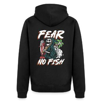 Keine Angst vor Fischen | Totenkopf- und Sensenmann-Angeln - Unisex Premium Bio Zip Hoodie - Schwarz - Hinten - Nico (187cm)