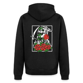 Sensenmann mit Rosen | Totenkopf Blumen - Unisex Premium Bio Zip Hoodie - Schwarz - Hinten - Nico (187cm)