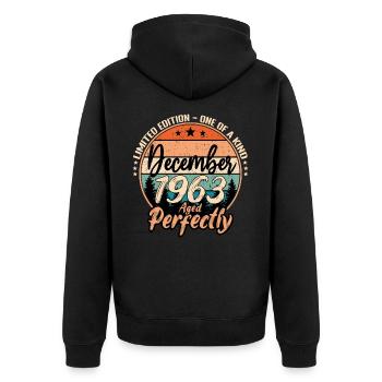 Dezember 1963 Geburtstag 1963 Legenden Dezember - Unisex Premium Bio Zip Hoodie - Schwarz - Hinten - Nico (187cm)