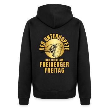 Der UNTERHOPFTE nur nicht am FREIBERGER FREITAG - Unisex Premium Bio Zip Hoodie - Schwarz - Hinten - Nico (187cm)