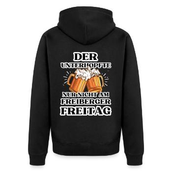 Der UNTERHOPFTE nur nicht am FREIBERGER FREITAG - Unisex Premium Bio Zip Hoodie - Schwarz - Hinten - Nico (187cm)