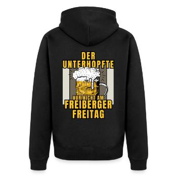 Der UNTERHOPFTE nur nicht am FREIBERGER FREITAG - Unisex Premium Bio Zip Hoodie - Schwarz - Hinten - Nico (187cm)