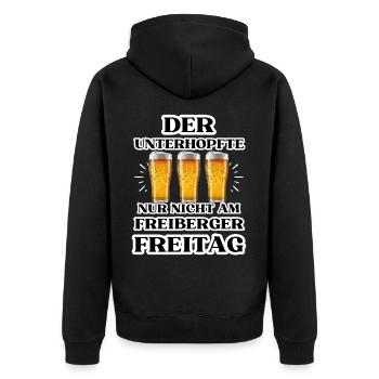 Der UNTERHOPFTE nur nicht am FREIBERGER FREITAG - Unisex Premium Bio Zip Hoodie - Schwarz - Hinten - Nico (187cm)