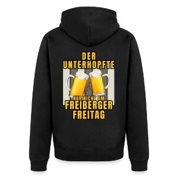 Der UNTERHOPFTE nur nicht am FREIBERGER FREITAG - Unisex Premium Bio Zip Hoodie - Schwarz - Hinten - Nico (187cm)