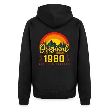1980 Geburtstagsgeschenk 1980 Geburtstag - Unisex Premium Bio Zip Hoodie - Schwarz - Hinten - Nico (187cm)