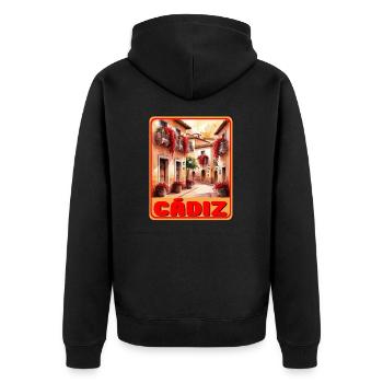 Cadiz Andalusien - Unisex Premium Bio Zip Hoodie - Schwarz - Hinten - Nico (187cm)