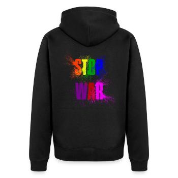 STOP WAR – NO WAR - PEACE in Regenbogenfarben - Unisex Premium Bio Zip Hoodie - Schwarz - Hinten - Nico (187cm)