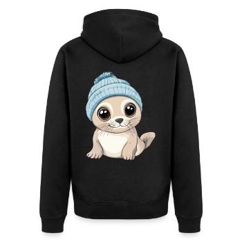 Robbe Süß Niedlich Baby Kinder Tier Cartoon - Unisex Premium Bio Zip Hoodie - Schwarz - Hinten - Nico (187cm)