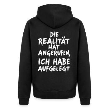 Die Realität - Unisex Premium Bio Zip Hoodie - Schwarz - Hinten - Nico (187cm)
