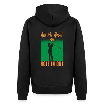GOLF: Ask Me About Hole In One - Unisex Premium Organic Zip Hoodie - black - Back - Nico (187cm)