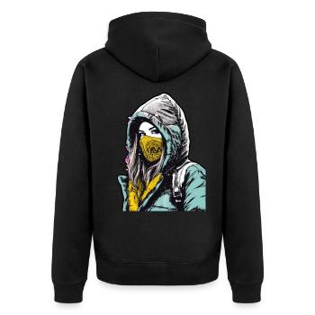Kapuzenfrau trägt eine Gesichtsmaske mit einem gelben - Unisex Premium Bio Zip Hoodie - Schwarz - Hinten - Nico (187cm)