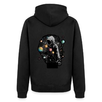 Kapuzenfrau trägt eine Gesichtsmaske mit einem gelben - Unisex Premium Bio Zip Hoodie - Schwarz - Hinten - Nico (187cm)