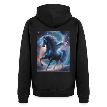 Pegasos (Pegasus) im Weltall - Weltenwanderer - Unisex Premium Bio Zip Hoodie - Schwarz - Hinten - Nico (187cm)