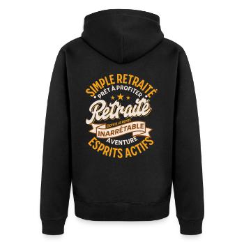 "Unaufhaltsamer Ruhestand – Abenteuer und Freiheit" - Unisex Premium Bio Zip Hoodie - Schwarz - Hinten - Nico (187cm)