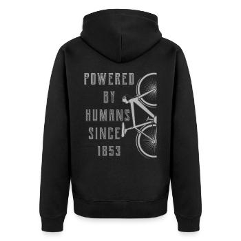 POWERED BY HUMANS SINCE 1853 - Unisex Premium Bio Zip Hoodie - Schwarz - Hinten - Nico (187cm)