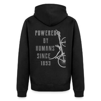 POWERED BY HUMANS SINCE 1893 - Unisex Premium Bio Zip Hoodie - Schwarz - Hinten - Nico (187cm)