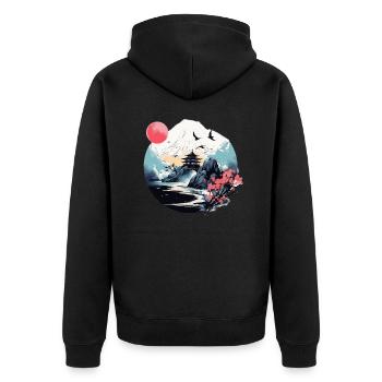 Japanischer Berg-, Wasser- und Pagodenszene - Unisex Premium Bio Zip Hoodie - Schwarz - Hinten - Nico (187cm)