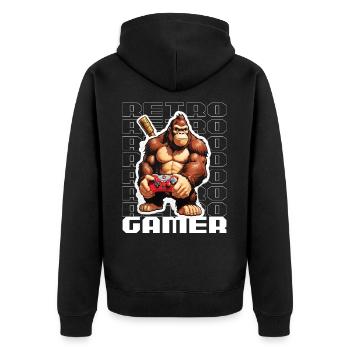 Retro Gamer Gorilla mit Controller Konsolenspiele - Unisex Premium Bio Zip Hoodie - Schwarz - Hinten - Nico (187cm)