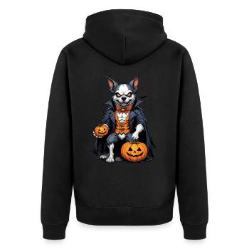 Halloween - Hund Grusel mit Kürbis - Unisex Premium Bio Zip Hoodie - Schwarz - Hinten - Nico (187cm)