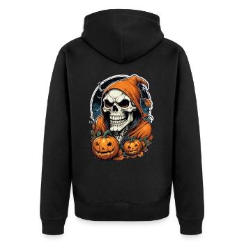 Halloween Totenkopf mit Kürbissen und Kapuze - Unisex Premium Bio Zip Hoodie - Schwarz - Hinten - Nico (187cm)