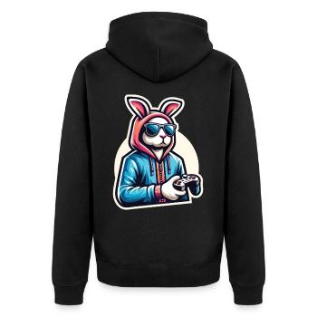 Coole Gamer Hase mit Controller im Hoodie - Unisex Premium Bio Zip Hoodie - Schwarz - Hinten - Nico (187cm)