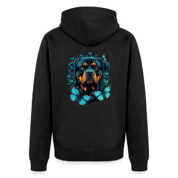 Rottweiler und Schmetterlinge - Unisex Premium Bio Zip Hoodie - Schwarz - Hinten - Nico (187cm)