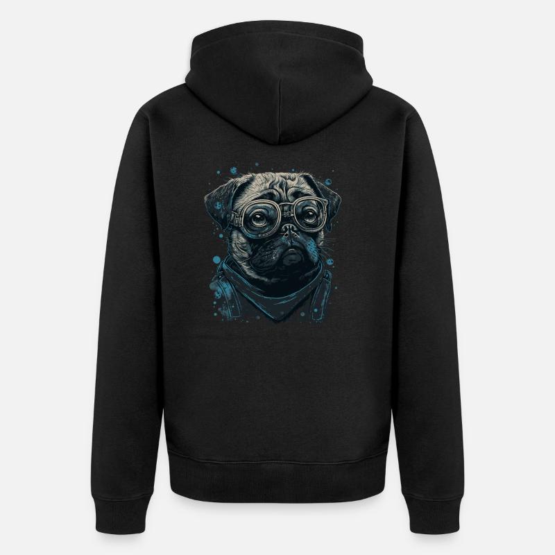 Mops Hund mit Nerdbrille - Unisex Premium Bio Zip Hoodie - Schwarz