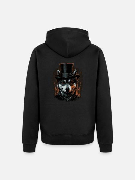 Husky Dog mit Zylinder Hut - Unisex Premium Bio Zip Hoodie - Schwarz