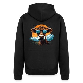 Eine Kuh mit Sonnenbrille in den Bergen - Unisex Premium Bio Zip Hoodie - Schwarz - Hinten - Nico (187cm)