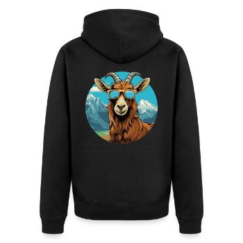 Eine Ziege mit Sonnenbrille in den Bergen - Unisex Premium Bio Zip Hoodie - Schwarz - Hinten - Nico (187cm)