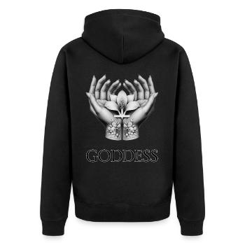 GÖTTIN (Untertitel) #028 - Unisex Premium Bio Zip Hoodie - Schwarz - Hinten - Nico (187cm)