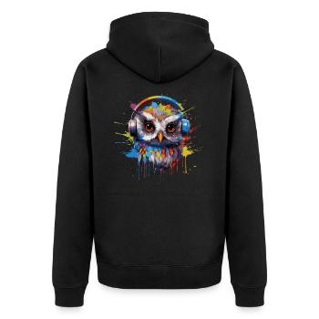 Lustige Eule hört Musik über Kopfhörer - Unisex Premium Bio Zip Hoodie - Schwarz - Hinten - Nico (187cm)
