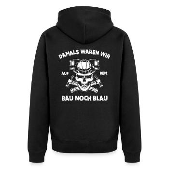 Auf dem Bau noch blau - Unisex Premium Bio Zip Hoodie - Schwarz - Hinten - Nico (187cm)