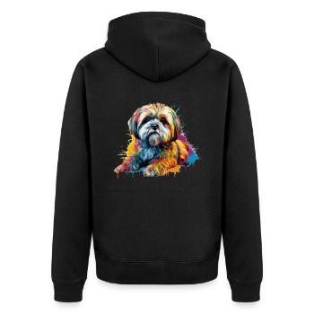 Bunter Lhasa-Apso-Hund - Unisex Premium Bio Zip Hoodie - Schwarz - Hinten - Nico (187cm)