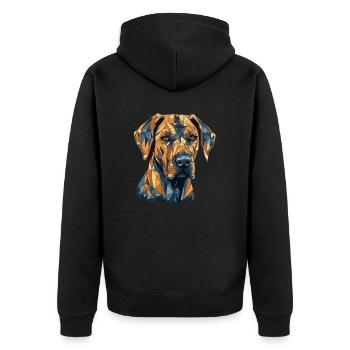 Buntes Rhodesian-Ridgeback-Kunstdesign - Unisex Premium Bio Zip Hoodie - Schwarz - Hinten - Nico (187cm)