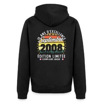 Vintage rétro septembre 2008 anniversaire 15 Ans - Veste à capuche bio Premium Unisexe - noir - Dos - Nico (187cm)