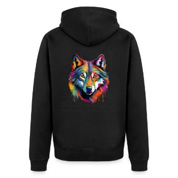 Bunter Wolf Farbspritzer Farbkleckse - Unisex Premium Bio Zip Hoodie - Schwarz - Hinten - Nico (187cm)