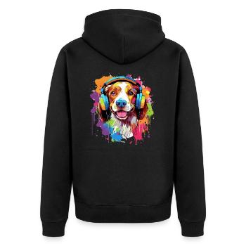 Bunter Brittany Hund mit Kopfhörer - Unisex Premium Bio Zip Hoodie - Schwarz - Hinten - Nico (187cm)
