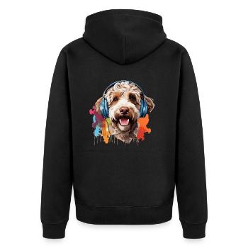 Bunter Lagotto Romagnolo mit Kopfhörer - Unisex Premium Bio Zip Hoodie - Schwarz - Hinten - Nico (187cm)