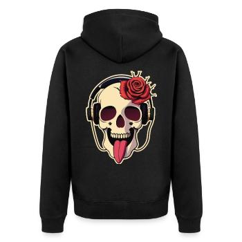 01 Lustiger Totenkopf lacht Zunge Kopfhörer Rose - Unisex Premium Bio Zip Hoodie - Schwarz - Hinten - Nico (187cm)