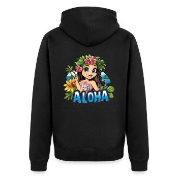 Hawaii Aloha Frau Blumen Palmen Strand Meer Insel - Unisex Premium Bio Zip Hoodie - Schwarz - Hinten - Nico (187cm)