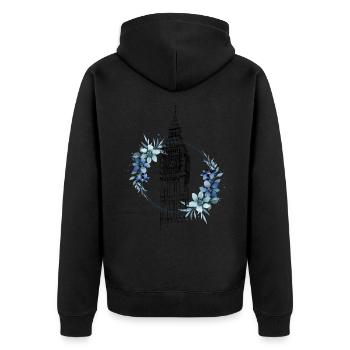 London Big Ben England Blumen Line Art Kunst - Unisex Premium Bio Zip Hoodie - Schwarz - Hinten - Nico (187cm)