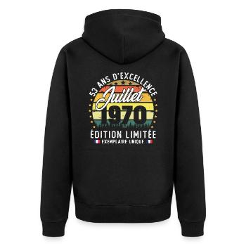 Vintage 1970 Juillet Rétro Anniversaire 53 Ans - Veste à capuche bio Premium Unisexe - noir - Dos - Nico (187cm)