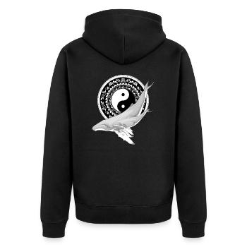 Yin Yang Buckelwale - Unisex Premium Bio Zip Hoodie - Schwarz - Hinten - Nico (187cm)