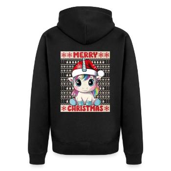 Einhorn Ugly Christmas Weihnachten Süß Niedlich - Unisex Premium Bio Zip Hoodie - Schwarz - Hinten - Nico (187cm)