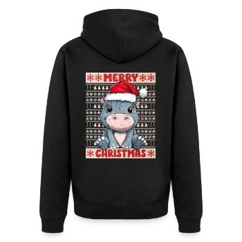 Nilpferd Ugly Christmas Weihnachten Xmas Süß - Unisex Premium Bio Zip Hoodie - Schwarz - Hinten - Nico (187cm)