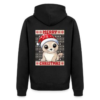 Robbe Seerobbe Ugly Christmas Weihnachten Xmas Süß - Unisex Premium Bio Zip Hoodie - Schwarz - Hinten - Nico (187cm)