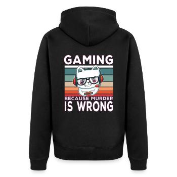 Gaming because murder is wrong Gamer Spruch - Unisex Premium Bio Zip Hoodie - Schwarz - Hinten - Nico (187cm)