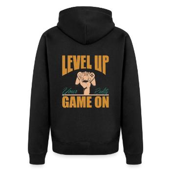Verbessern Sie Ihr Reality-Spiel auf Retro-Gamer-Zitat - Unisex Premium Bio Zip Hoodie - Schwarz - Hinten - Nico (187cm)